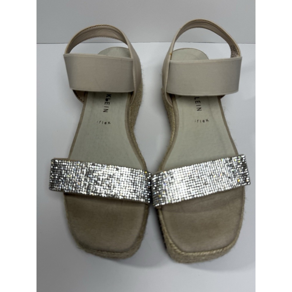 Anne Klein Rhinestone Espadrille Wedge Strappy Sandals Beige Silver Women 7.5M